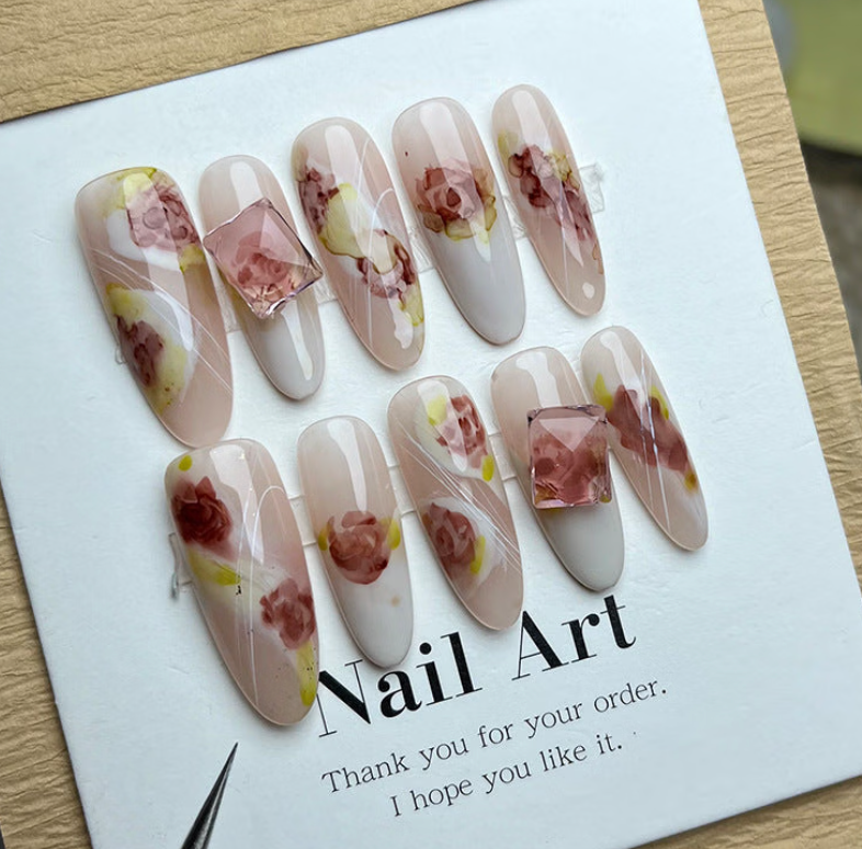 水彩白玫瑰穿戴甲【長橢圓】