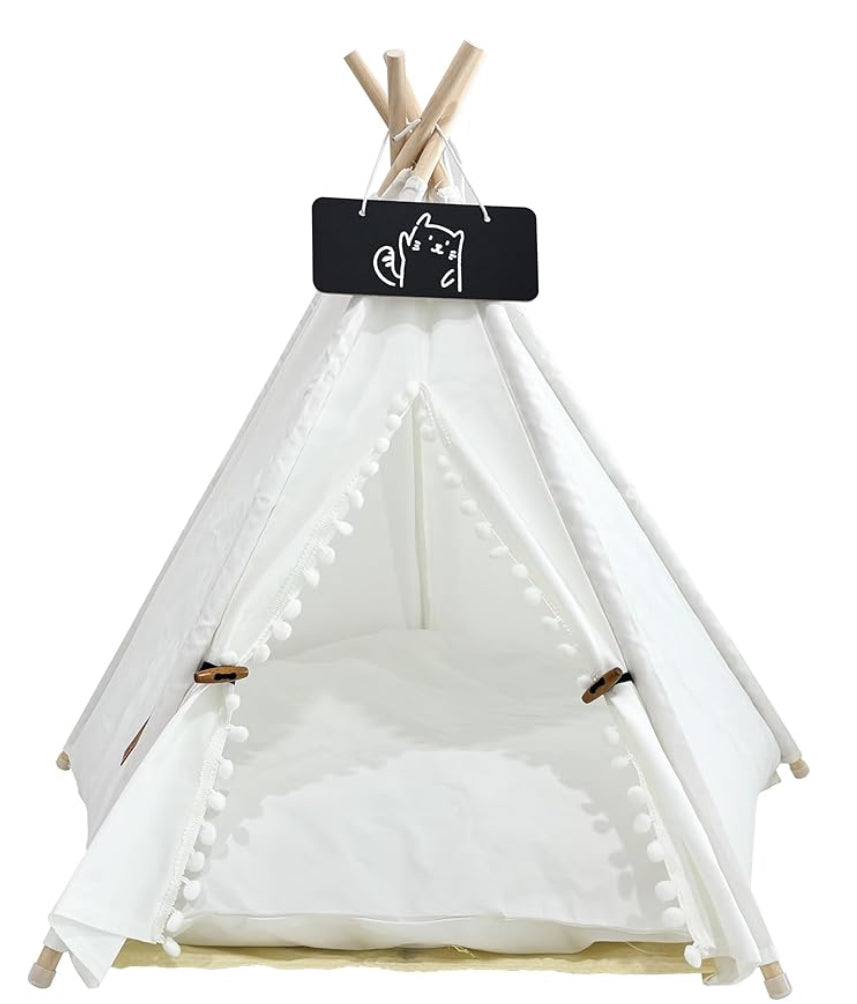 貓狗專用寵物帳篷/Tipi - 可水洗帆布,可折疊寵物帳篷,帶防滑底座和可拆卸墊子 | 室內/室外安全庇護所,適用於體重不超過 66 磅的寵物 - 白色