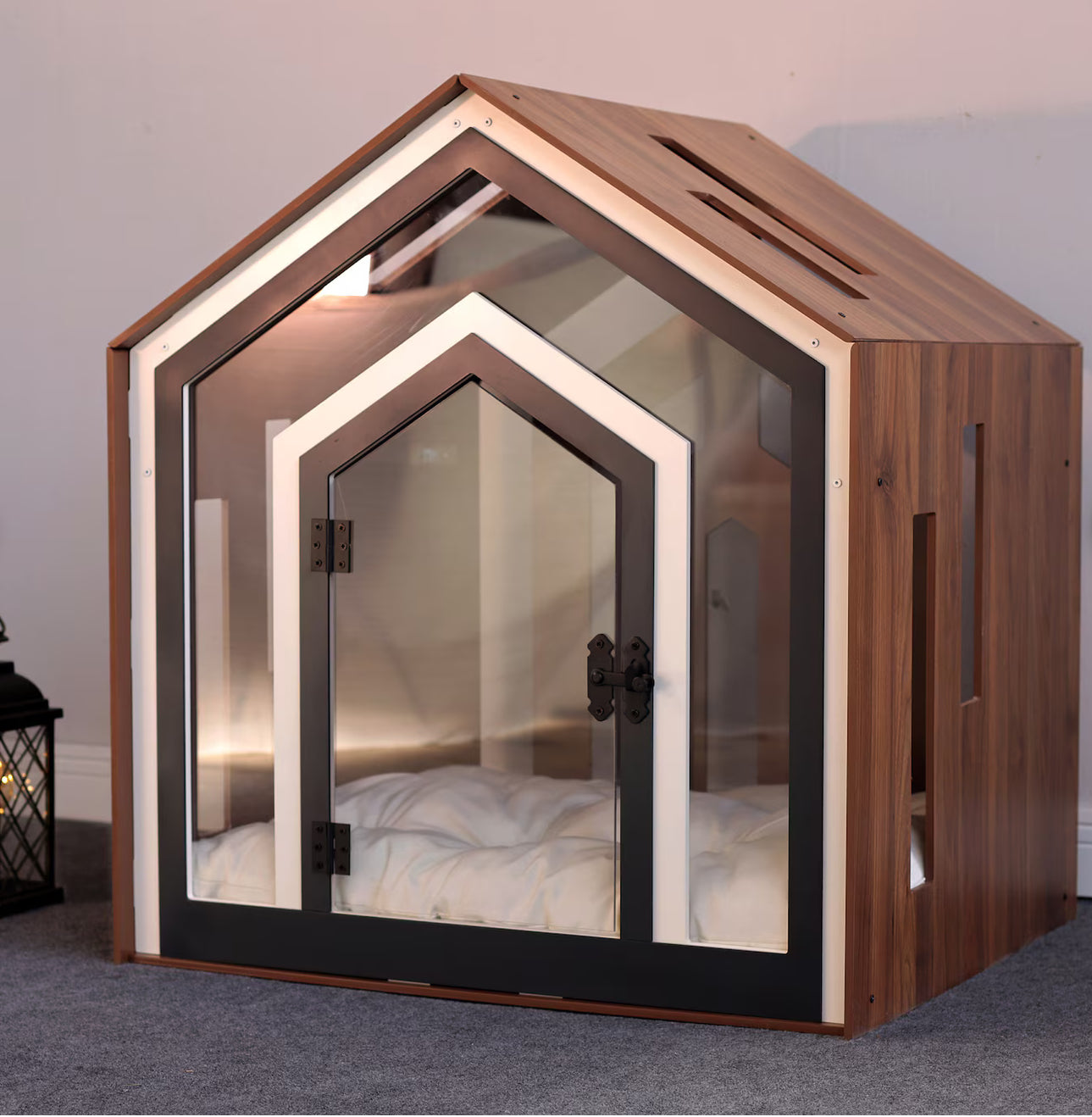 現代狗籠:室內狗屋,附訂製墊床的木製寵物家具,狗窩