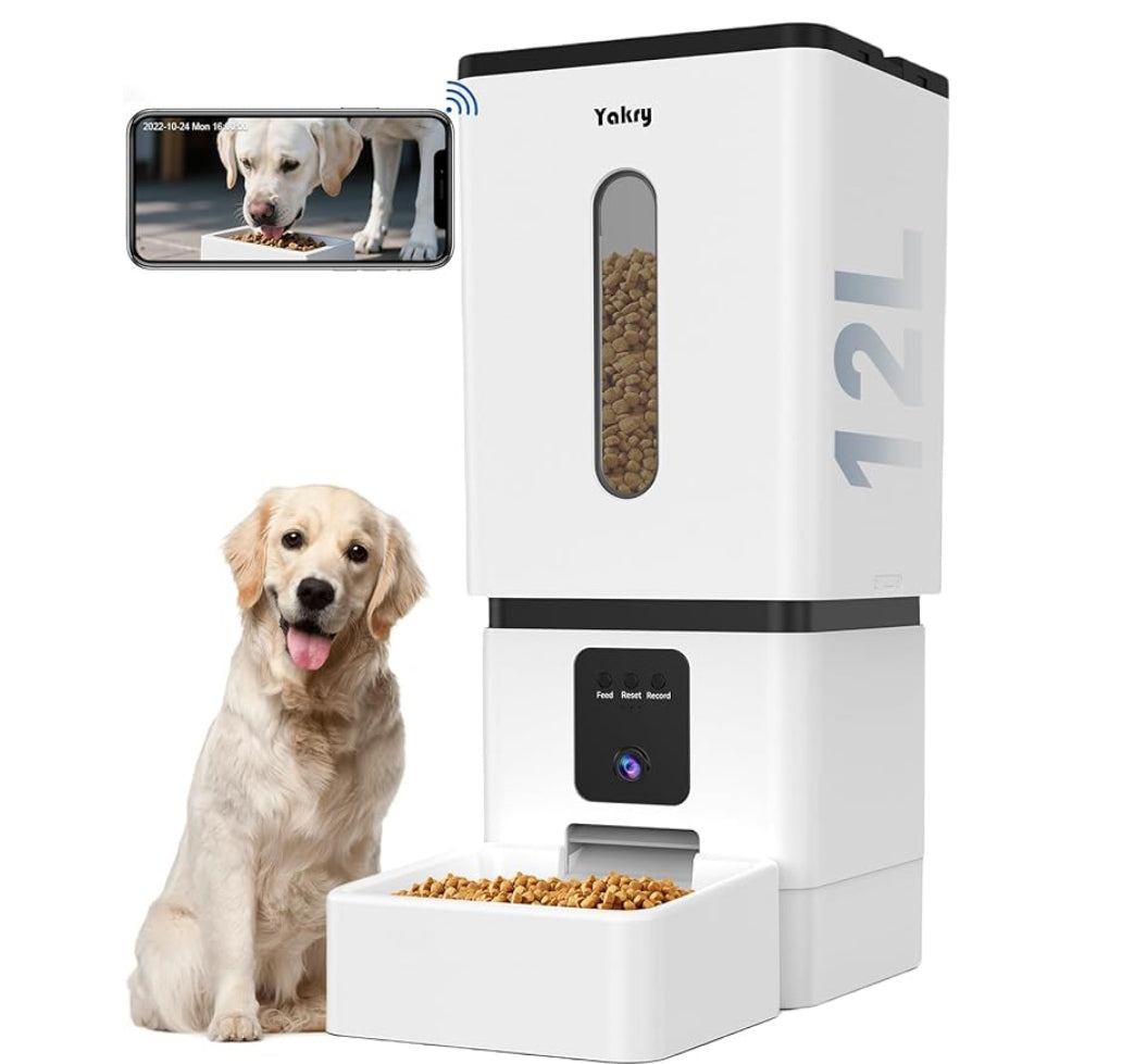 Yakry 大型犬自動餵食器帶攝像頭 - 12L/50 杯 5G WiFi 應用控制狗糧分配器,易於設置,高清 1080P 視頻,帶夜視功能