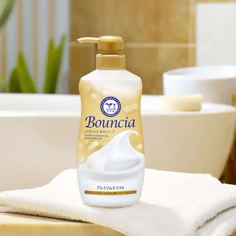 日本COW牛乳石鹼共進社 BOUNCIA 濃密泡沫沐浴乳 奢華金色美容去角質沐浴露 460ml