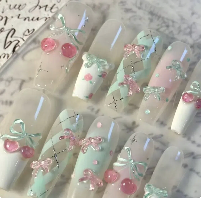 薄荷玫瑰花園甜美風美甲立體蝴蝶結櫻桃穿戴甲片*1s 100 克